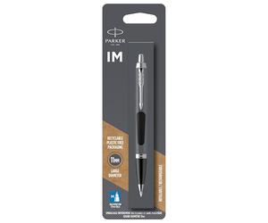 Parker stylo-bille IM | laque noire avec attributs chromés | pointe moyenne et recharge d’encre bleue | Emballé sous blister