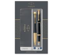 Parker Urban Duo coffret-cadeau avec stylo bille et stylo plume | finition laquée noire pâle avec attributs or | recharge et cartouche d’encre bleue | coffret-cadeau