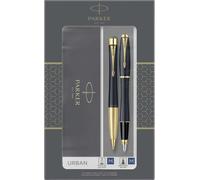 Parker Urban Duo coffret-cadeau avec stylo bille et stylo plume | finition laquée noire pâle avec attributs or | recharge et cartouche d’encre bleue | coffret-cadeau