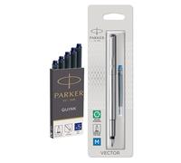 Parker Vector Stylo-plume en acier inoxydable avec bordure chromée Pointe moyenne Encre bleue avec des encres bleues Quink supplémentaires