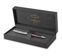 Parker Sonnet Stylo Bille | Premium métal et rouge satiné avec finition chrome | Pointe moyenne avec recharge d'encre noire | Coffret cadeau