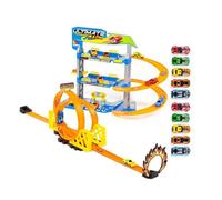 Parking à jouets + Pistes de Jouets avec 2 Boucles, 3 Étages, 2 Voitures à Friction et 10 Voitures de Jouet Additionnelles Incluses