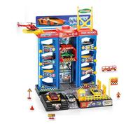Parking à plusieurs étages pour enfants avec ascenseur avec 3 voitures en métal et hélicoptère - Parking jouet avec station-service, station de lavage, atelier et panneaux de signalisation