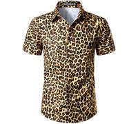 PARKLEES Chemise à manches courtes imprimée léopard pour homme, décontractée, avec boutonnage, imprimée au motif guépard, doré, S