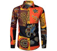 PARKLEES Chemise à manches longues en lin avec motif ethnique traditionnel pour homme, jaune, M