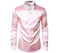 PARKLEES Chemise à manches longues en satin brillant similaire à de la soie - pour homme - pour fête, soirée disco, bal de promo, rose, S