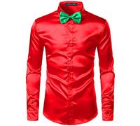 PARKLEES Chemise à manches longues en satin brillant similaire à de la soie - pour homme - pour fête, soirée disco, bal de promo, Rouge, XXL