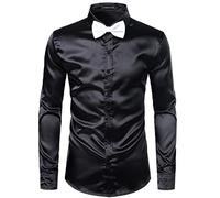 PARKLEES Chemise à manches longues en satin brillant similaire à de la soie - pour homme - pour fête, soirée disco, bal de promo, Noir , XXL