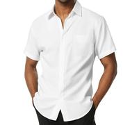 PARKLEES Chemise boutonnée à manches courtes pour homme - En lin texturé - Décontractée - Vacances - Plage - Été, blanc, Taille L