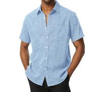 PARKLEES Chemise boutonnée à manches courtes pour homme - En lin texturé - Décontractée - Vacances - Plage - Été, bleu ciel, Taille L