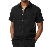 PARKLEES Chemise boutonnée à manches courtes pour homme - En lin texturé - Décontractée - Vacances - Plage - Été, noir, Taille XL