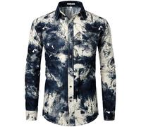 PARKLEES Chemise boutonnée à manches longues en coton et lin pour homme Motif traditionnel rétro années 70, Blanc/bleu marine, Taille L