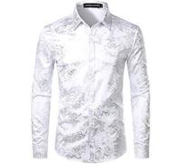 PARKLEES Chemise de luxe pour homme, imprimé élégant, coupe ajustée, boutonnée Motif cachemire doré brillant, Blanc argenté, S