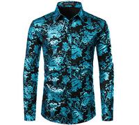 PARKLEES Chemise de luxe pour homme, imprimé élégant, coupe ajustée, boutonnée Motif cachemire doré brillant, Noir/turquoise, M