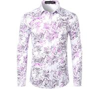 PARKLEES Chemise de luxe pour homme, imprimé élégant, coupe ajustée, boutonnée Motif cachemire doré brillant, blanc/violet, XXL