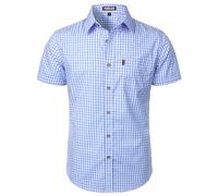 PARKLEES Chemise de ville décontractée à carreaux boutonnée pour homme en coton à manches courtes vichy coupe régulière avec poche, vichy bleu, M