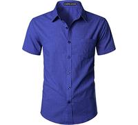 PARKLEES Chemise décontractée à manches courtes en coton et lin pour homme avec poche, Bleu roi pur, 3XL