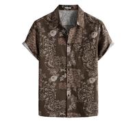 PARKLEES Chemise en coton et lin pour homme, motif vintage années 70, style ancien, chemise décontractée à manches courtes boutonnée rétro, Fleur marron., S