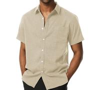 PARKLEES Chemise en lin texturée pour homme, style décontracté, boutonnée, à manches courtes, coupe droite, pour l'été, hipster, kaki, S