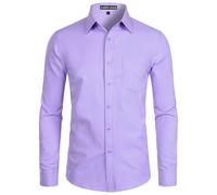 PARKLEES Chemise habillée à manches longues pour homme, coupe ajustée, style décontracté, business ou formel, à boutons avec poche, Violet lavande, S