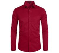 PARKLEES Chemise habillée à manches longues pour homme, coupe ajustée, style décontracté, business ou formel, à boutons avec poche, rouge bordeaux, S