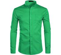 PARKLEES Chemise habillée élégante à col grand-père pour homme, coupe ajustée, manches longues, boutonnée avec poche, Vert trèfle, XXL