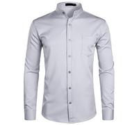 PARKLEES Chemise habillée élégante à col grand-père pour homme, coupe slim, manches longues, boutonnage avec poche, Gris fumé, L