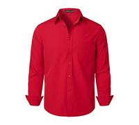 PARKLEES Chemise habillée pour homme coupe classique unie sans plis manches longues décontractée business boutonnée avec poche, Rouge flamme, XXL