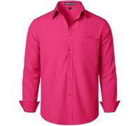 PARKLEES Chemise habillée pour homme coupe classique unie sans plis manches longues décontractée business boutonnée avec poche, rose vif, XL
