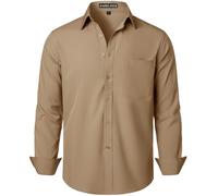 PARKLEES Chemise habillée pour homme coupe classique unie sans plis manches longues décontractée business boutonnée avec poche, kaki foncé, M