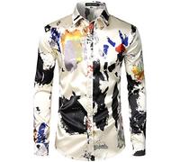 PARKLEES Chemise pour homme décontractée de luxe imprimée en satin soyeux avec boutonnage pour soirée et mariage, XXL