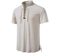 PARKLEES Chemises à manches courtes en coton à lacets rétro pour homme pour Renaissance Pirate Viking médiéval, Beige, blanc, L