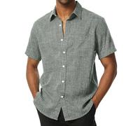 PARKLEES Chemises à manches courtes sans plis pour homme - Boutons - Texture lin - Chemises décontractées pour les vacances à la plage et l'été, vert olive, Taille 3XL