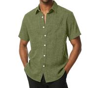 PARKLEES Chemises à manches courtes sans plis pour homme - Boutons - Texture lin - Chemises décontractées pour les vacances à la plage et l'été, vert, XX-Large