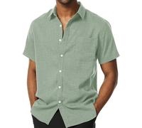 PARKLEES Chemises à manches courtes sans plis pour homme - Boutons - Texture lin - Chemises décontractées pour les vacances à la plage et l'été, vert clair, Taille L