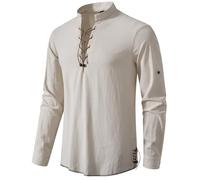 PARKLEES Chemises à manches longues en coton à lacets rétro pour homme pour Renaissance Pirate Viking médiéval, Beige, blanc, XL
