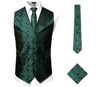 PARKLEES Ensemble classique 3 pièces pour homme avec gilet, cravate et poche à motif cachemire pour mariage, bal de fin d'année, gilet pour costume ou smoking, vert/noir, L