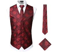 PARKLEES Ensemble classique 3 pièces pour homme avec gilet, cravate et poche à motif cachemire pour mariage, bal de fin d'année, gilet pour costume ou smoking, Bordeaux/noir, S
