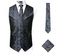 PARKLEES Ensemble classique 3 pièces pour homme avec gilet, cravate et poche à motif cachemire pour mariage, bal de fin d'année, gilet pour costume ou smoking, charbon, XL