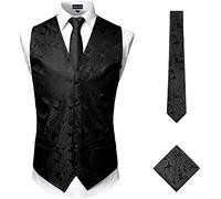 PARKLEES Ensemble classique 3 pièces pour homme avec gilet, cravate et poche à motif cachemire pour mariage, bal de fin d'année, gilet pour costume ou smoking, Noir , XL