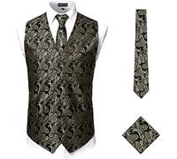 PARKLEES Ensemble classique 3 pièces pour homme avec gilet, cravate et poche à motif cachemire pour mariage, bal de fin d'année, gilet pour costume ou smoking, Doré/noir, XXL