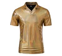 PARKLEES Polo à manches courtes pour homme - Style hipster - Doré métallisé - Pour discothèque des années 70, doré, XXL