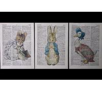 Parksmoonprints Beatrix Potter Lot de 3 impressions vintage Page de dictionnaire Peter Rabbit Jemima Décoration murale pour chambre d'enfant