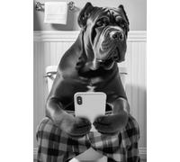 Parksmoonprints Cane Corso On Toilet Texting on Mobile Phone Print - Animal assis sur le téléphone portable - Image amusante de chien pour salle de bain avec oreilles raccourcies (noir et blanc, 20,3