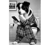 Parksmoonprints Impression de Border Collie sur les toilettes - Chien sur téléphone portable Tartan Pjs Animal Loo Décoration murale humoristique pour salle de bain Cadeau de suite Chien de mouton -