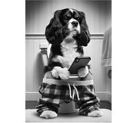 Parksmoonprints Panneau mural tricolore King Charles Cavalier Spaniel assis sur les toilettes Motif chien animal téléphone portable fille salle de bain (noir et blanc, impression format A4)