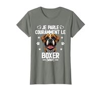 Parler Le Boxer Humour Chien T-Shirt, Femme, Vert Kaki chiné, XL