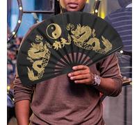 Parliky Éventail Pliable Main Style Chinois Vintage pour Danse et Spectacle Accessoire Léger pour Scène et Décoration Éventail Tai Chi Kung Fu Noir avec Motif Dragon Double pour Fête et