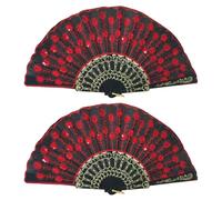 Parliky Lot de 2 Éventails Pliables à Paillettes Brodés Fan de Danse Noir et Rouge Ventilateur Portatif Artisanal Accessoire pour Spectacle et Décoration Léger et Compact