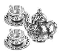 Parliky Mini Théière Vintage en Alliage de Zinc Argenté, Ensemble Décoratif 3 Pièces avec Tasse, Accessoire Miniature pour Maison de Poupée et Photo, Petite Bouilloire de Bureau